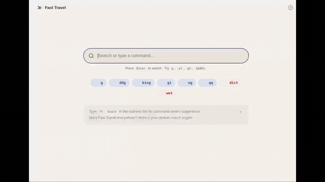 Browser demo — typing commands and landing on the right page